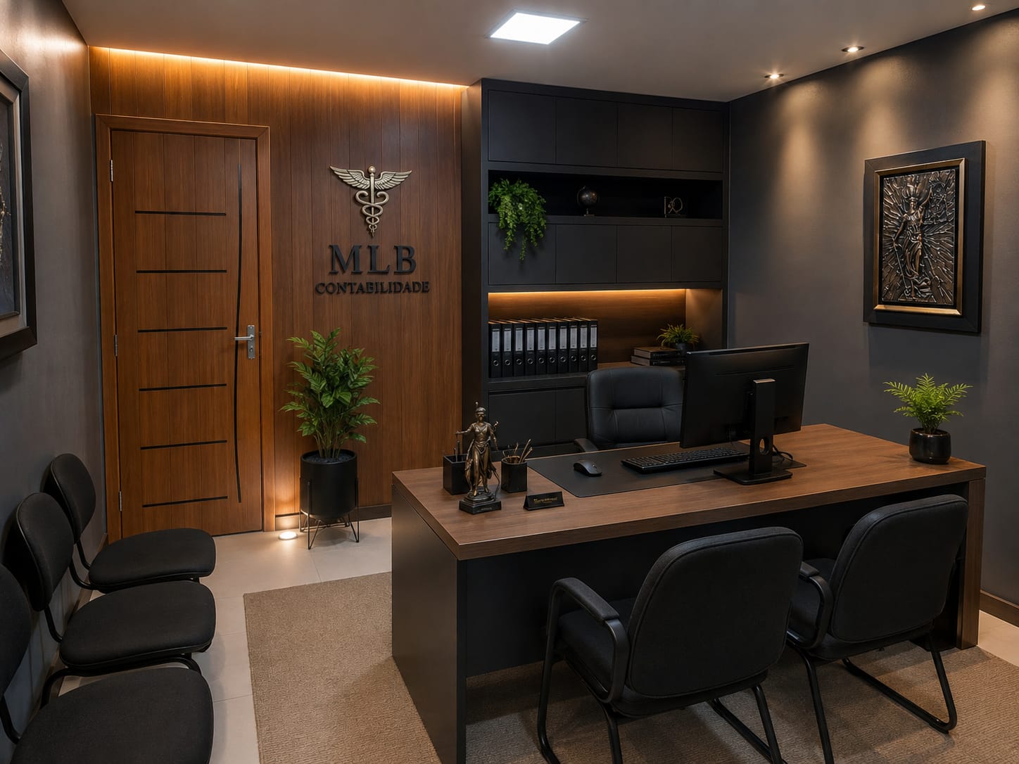 Sala de reuniões do escritório da MLB Contabilidade em Duque de Caxias, com painel de madeira, mobiliário escuro e iluminação âmbar